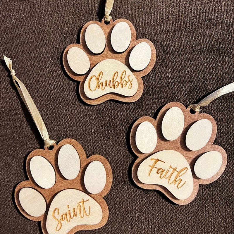 Personalised Wood Pet Paw Christmas Ornament with Name Engraved