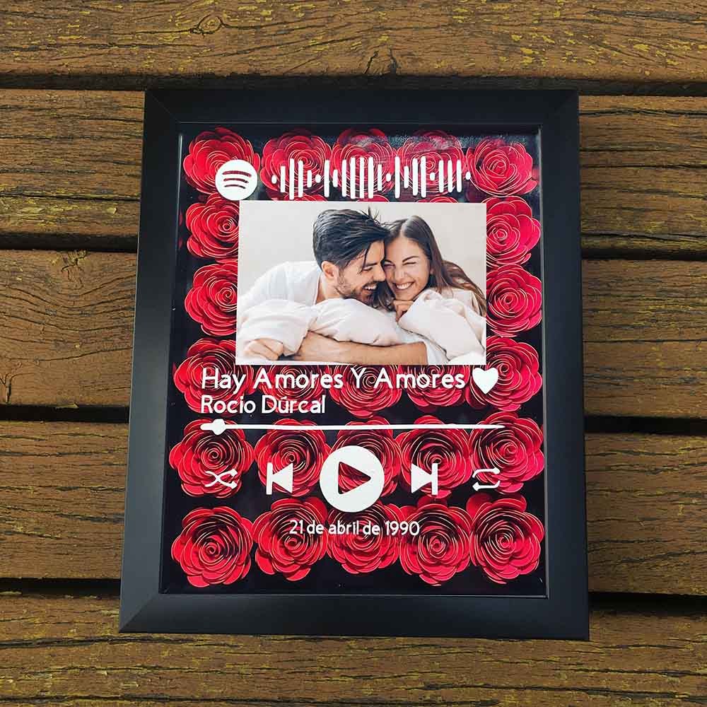 Personalised Spotify Flower Shadow Box With Couple Photo For Wedding Anniversary Valentine's Day
