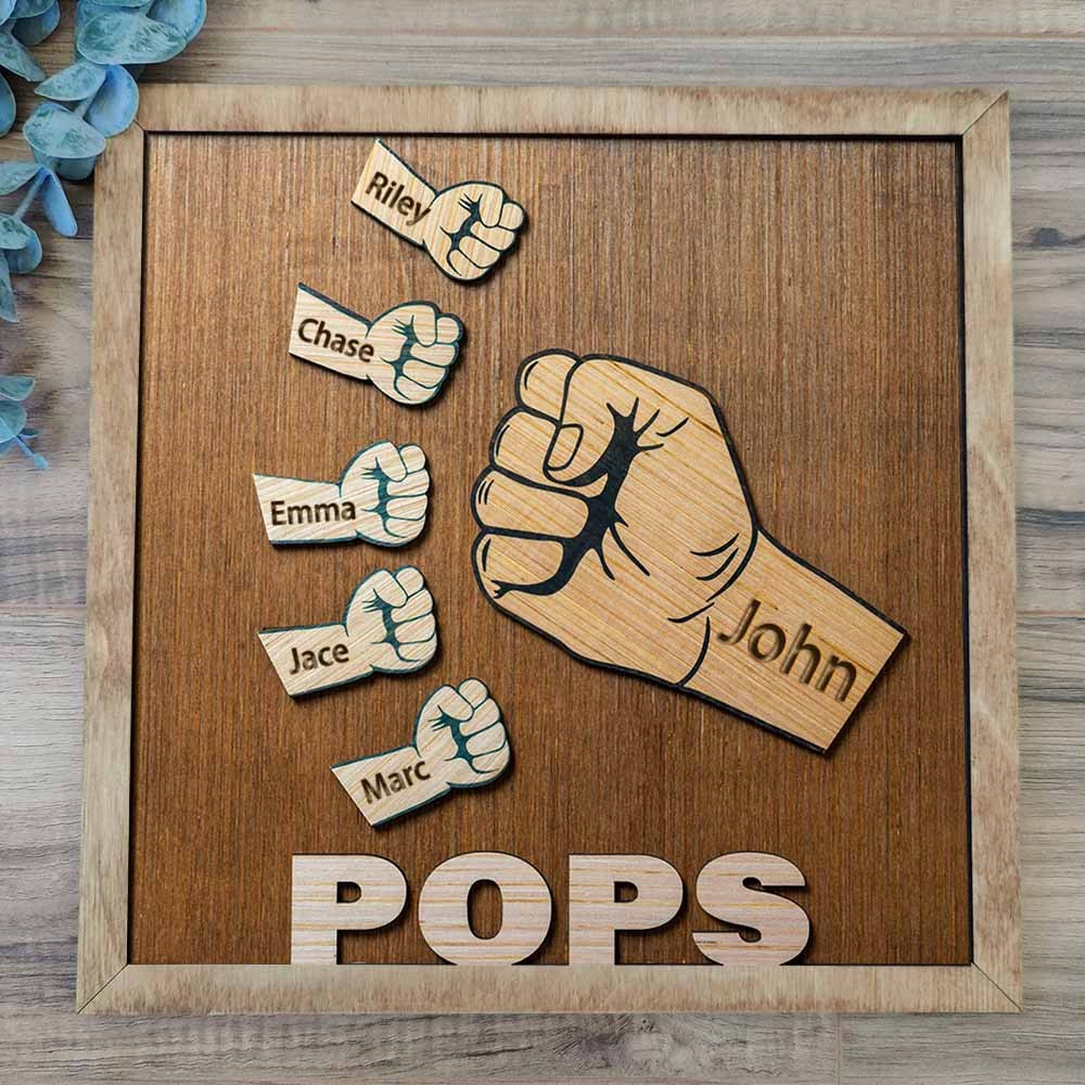 Personalised Dad and Kids Fist Bump With Name Frame Sign For Father's Day