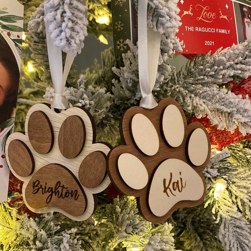 Personalised Wood Pet Paw Christmas Ornament with Name Engraved