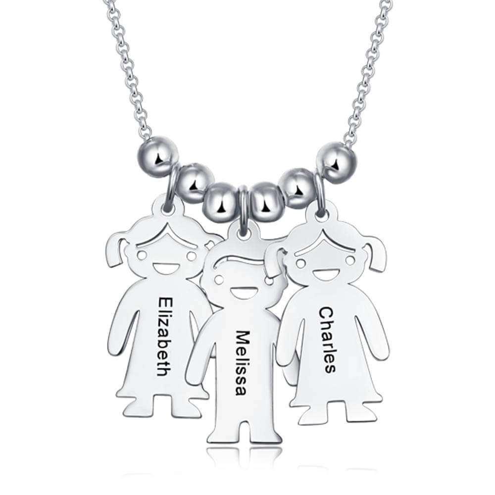 Silver Personalised Engraved Name Necklaces With 1-10 Children Kids Charms
