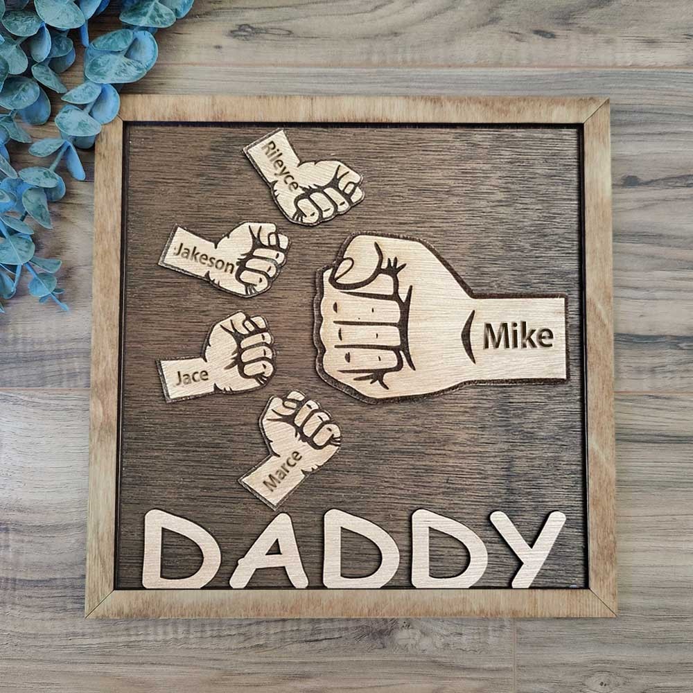 Personalised Dad and Kids Fist Bump With Name Frame Sign For Father's Day
