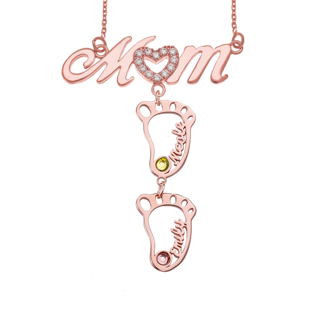 Personalised 1-10 Hollow BabyFeet Name Mum Necklace With Birthstones