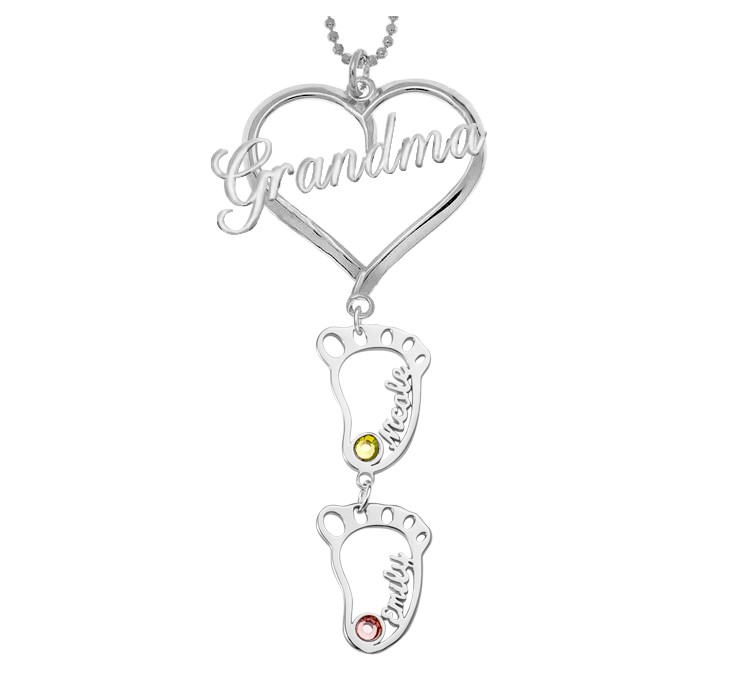 Silver Personalised Grandma Heart Pendant 1-10 Hollow BabyFeet Charm Birthstone Name Necklace