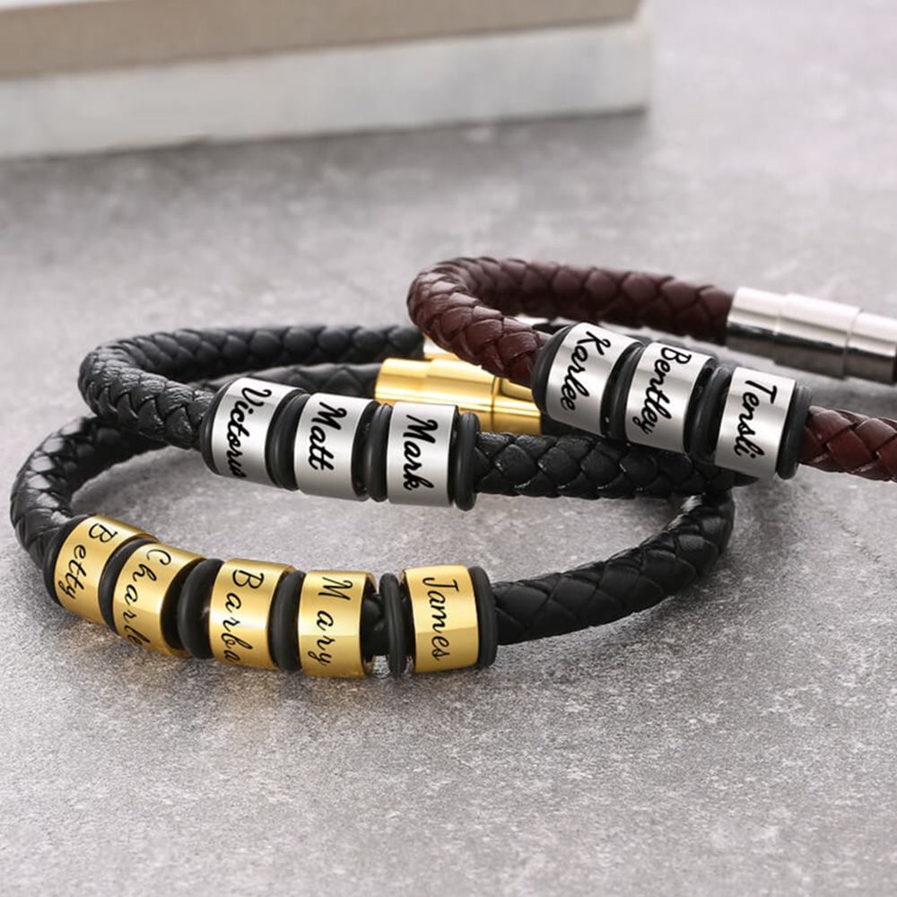 Custom 1-10 Beads Braid Name Black Leather Bracelet