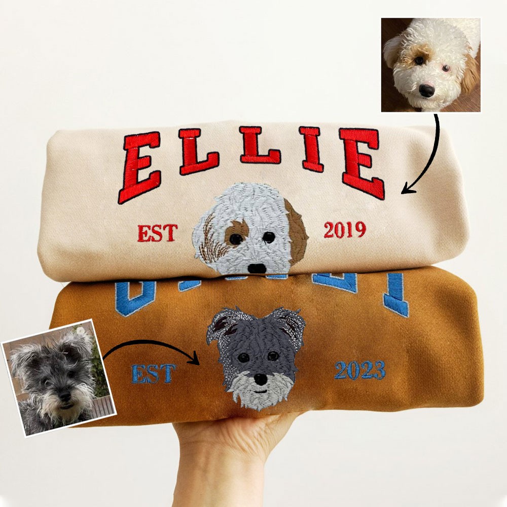 Personalised Dog Face Embroidered Sweatshirt Varsity Style For Pet Lover Gifts