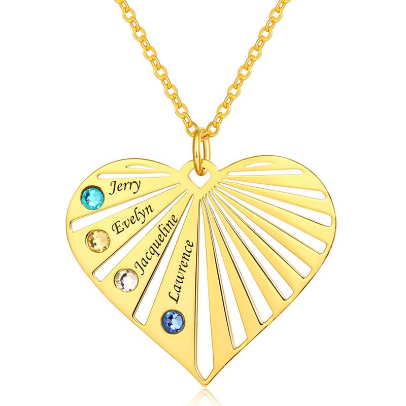 Personalised 1-8 Engraving Family Name Heart Necklace With Birthstone