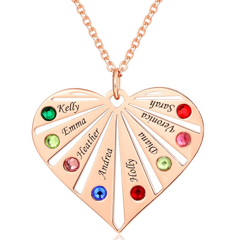 Personalised 1-8 Engraving Family Name Heart Necklace With Birthstone