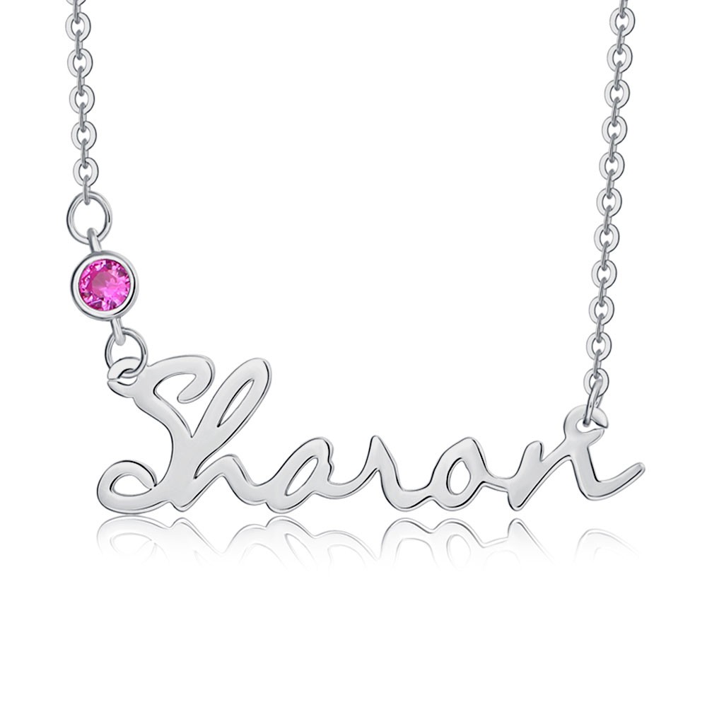 Silver Personalised " Carrie " Style Name Necklace With Birthstone