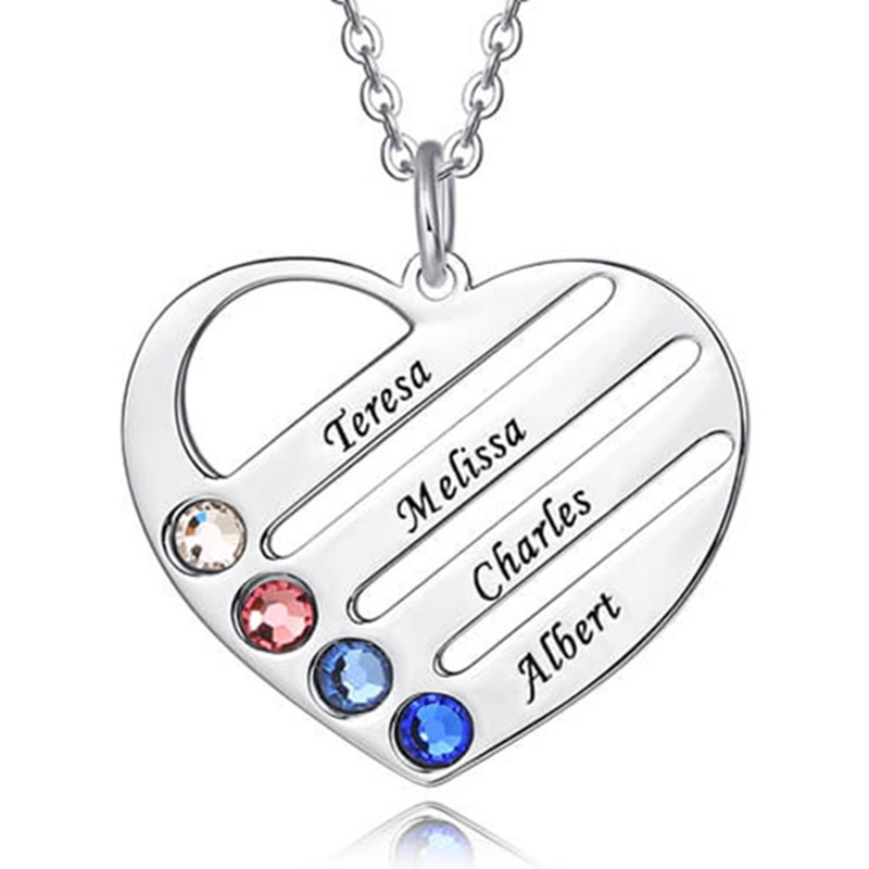 Personalised Heart Engraved Name Necklaces With 1-4 Birthstones