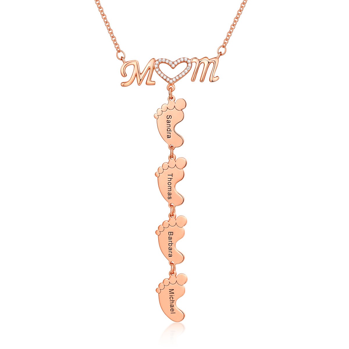 18K Rose Gold Plating Personalised MoM Heart 1-8 Baby Feet Charms Engraved Name Necklace