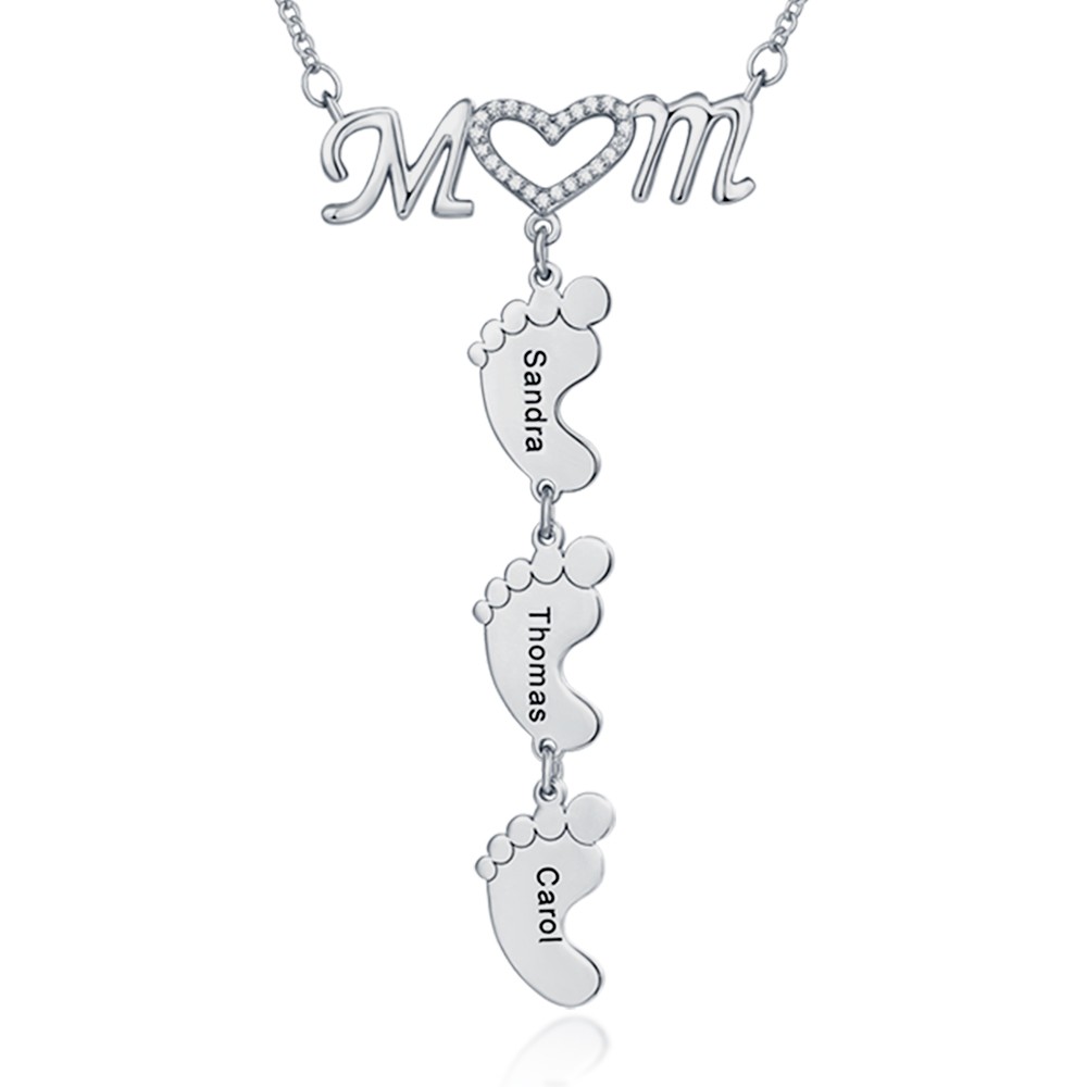 Silver Personalised MoM Heart 1-8 Baby Feet Charms Engraved Name Necklace