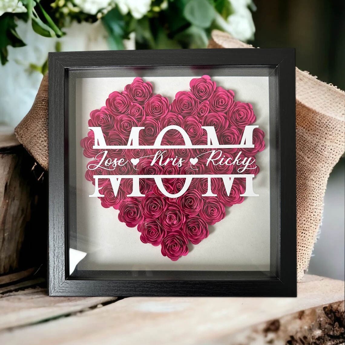 Custom  Mum Heart Flower Shadow Box With Kids Name For Grandma Mum Mother's Day Birthday Gift