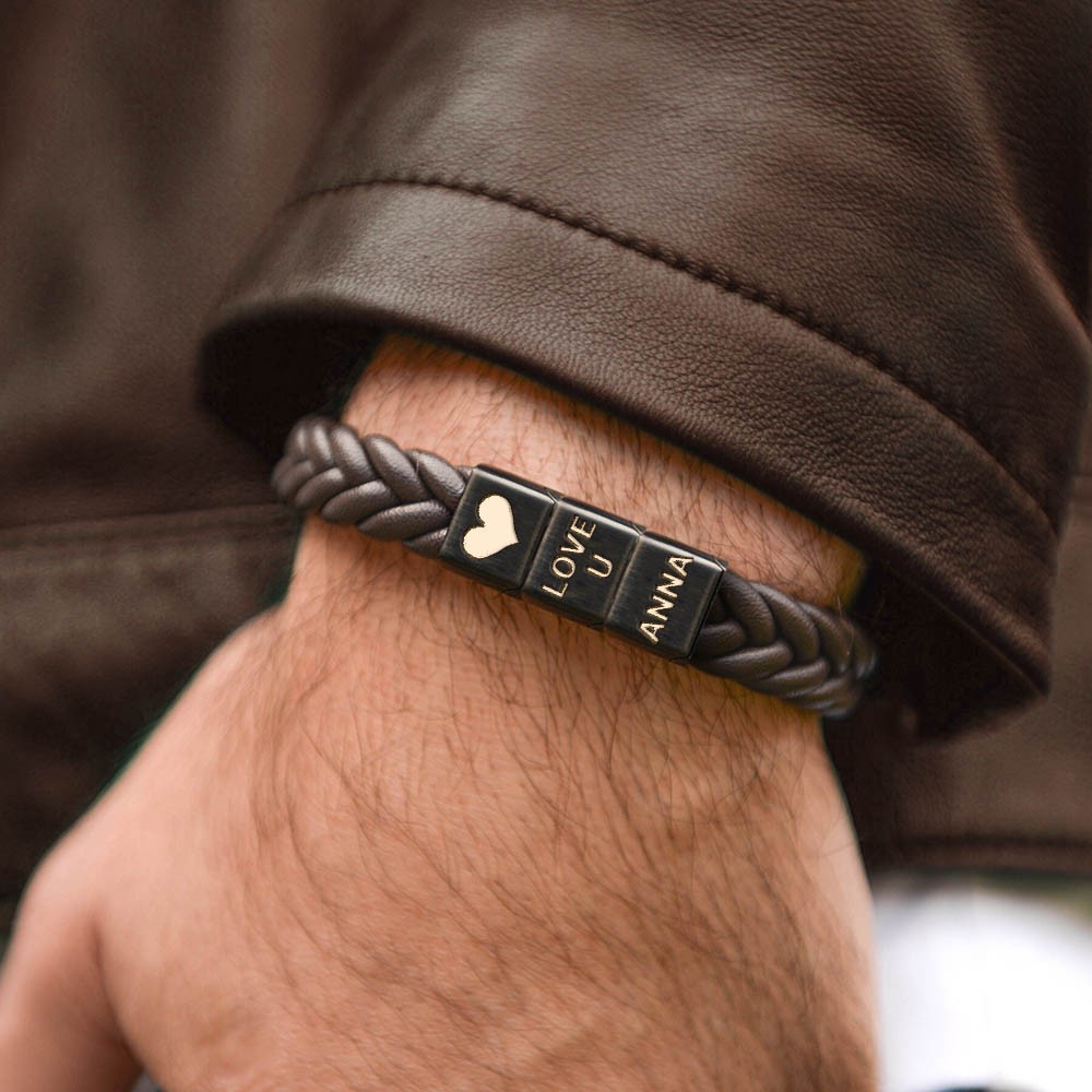 Personalised Men's Stainless Steel and Leather Bracelet With Symbol Beads For Him Valentine's Day