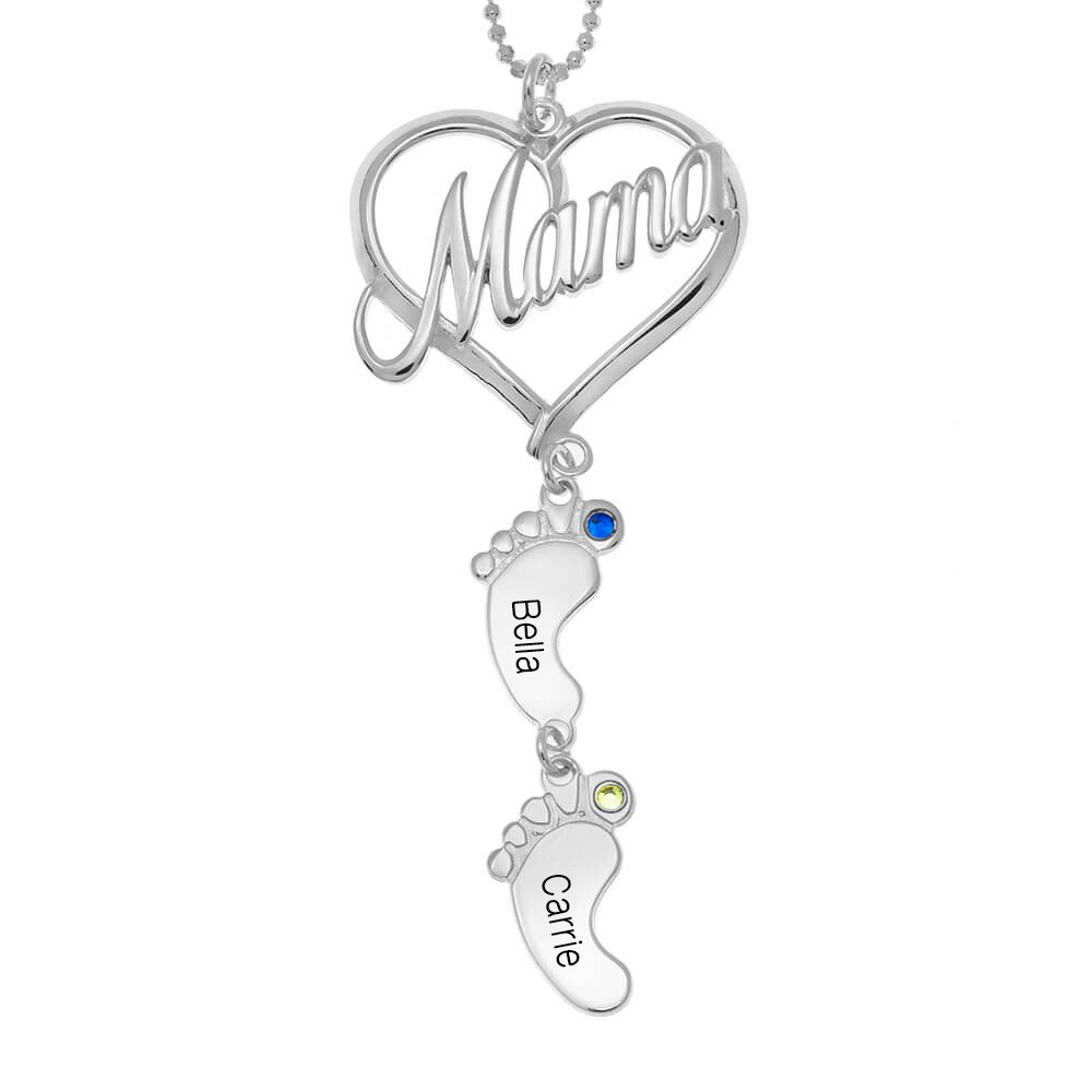 Silver Personalised Mama Heart Baby Feet Pendant Birthstone Name Necklace with 1-10 Charms