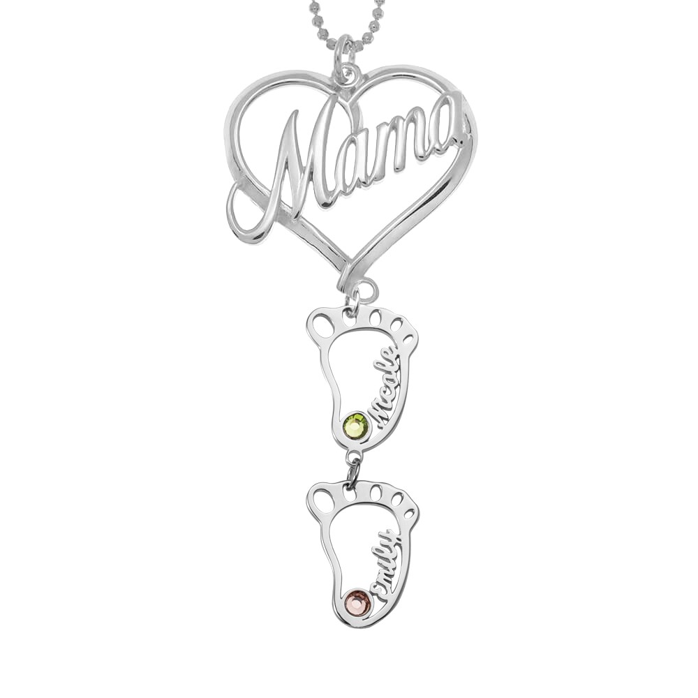 Silver Personalised Mama Heart Pendant Birthstones Name Necklace with 1-10 Hollow BabyFeet Charms