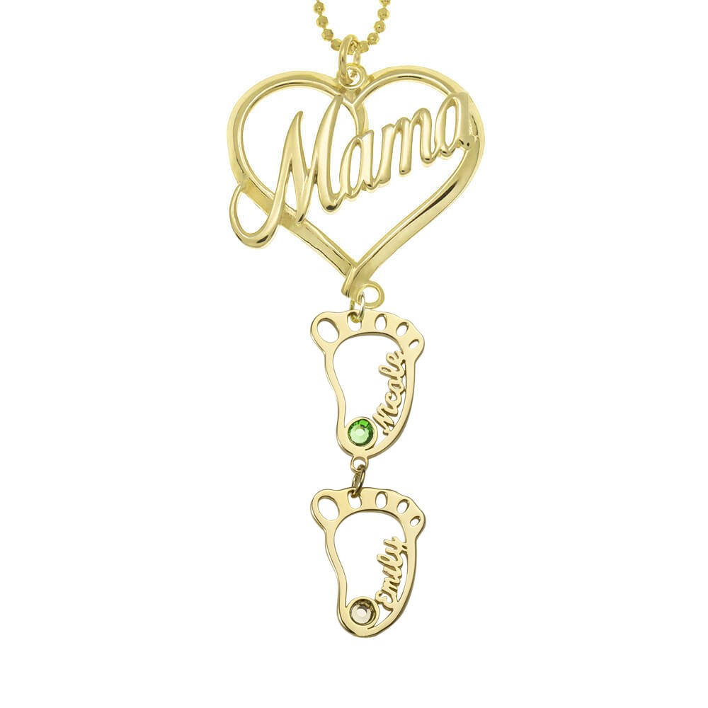 Personalised Mama Heart Pendant Birthstones Name Necklace with 1-10 Hollow BabyFeet Charms