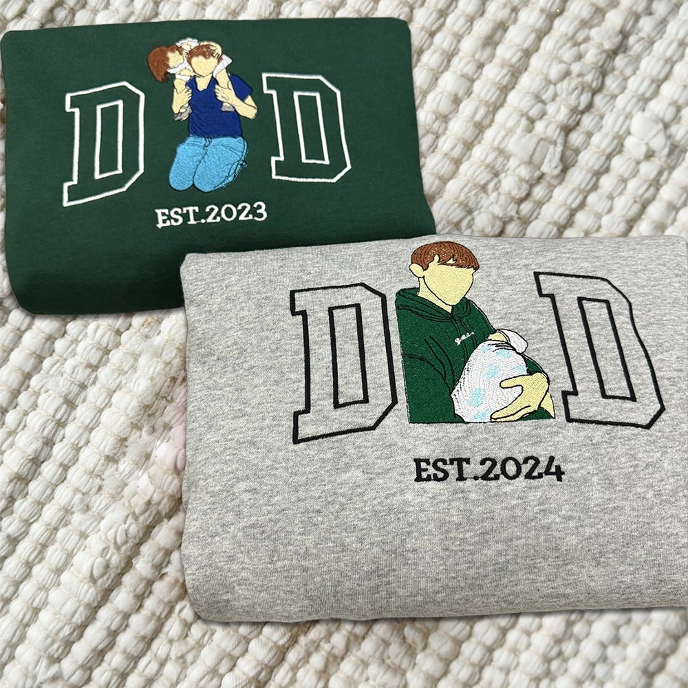 Custom Embroidered Dad Sweatshirt From Portrait with Kid Name Fathers Day or Birthday Gift for Dad