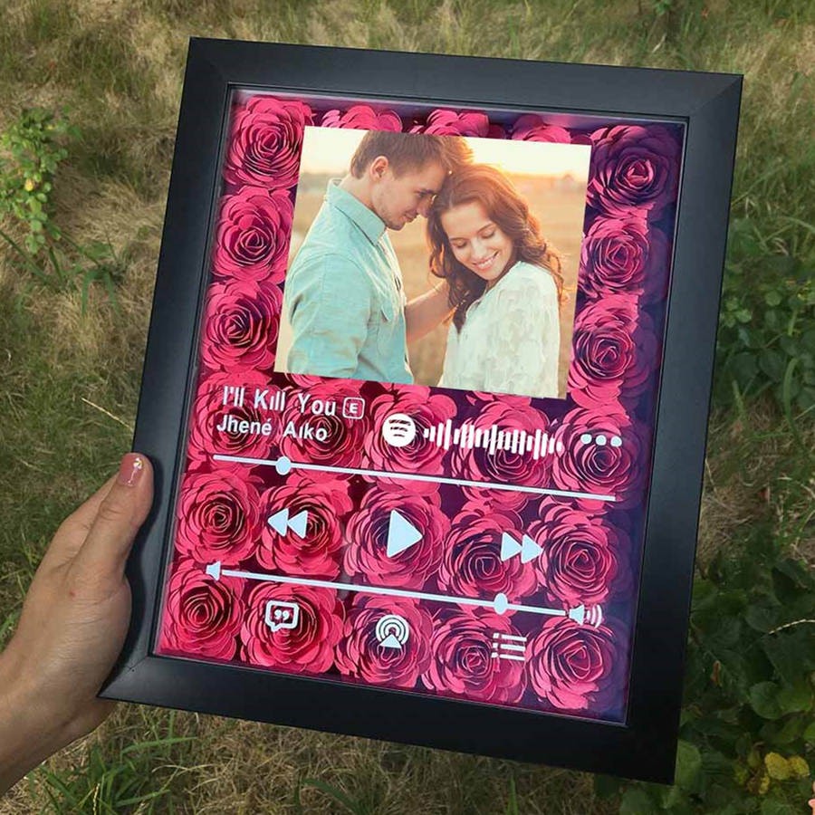 Personalised Spotify Flower Shadow Box With Couple Photo For Wedding Anniversary Valentine's Day