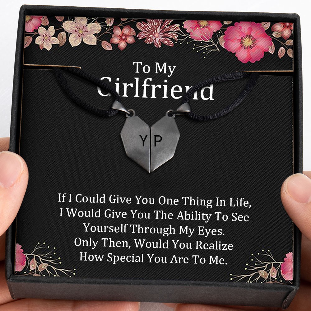 To My Girlfriend 2 Pieces Personalised Magnetic Heart-Shaped Necklace For Valentine's Day