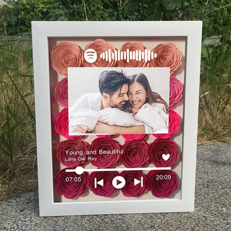 Personalised Spotify Flower Shadow Box With Couple Photo For Wedding Anniversary Valentine's Day
