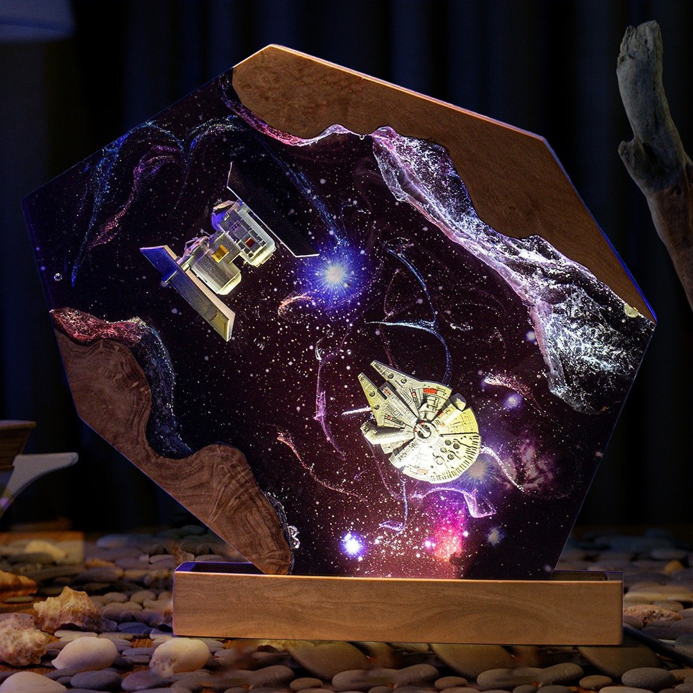 Space Spacecraft Galaxy Epoxy Resin Wood Lamp For Christmas Gifts