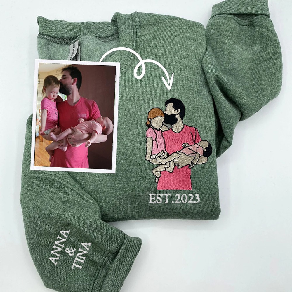 Custom Embroidered Dad Sweatshirt From Portrait with Kid Name Fathers Day or Birthday Gift for Dad