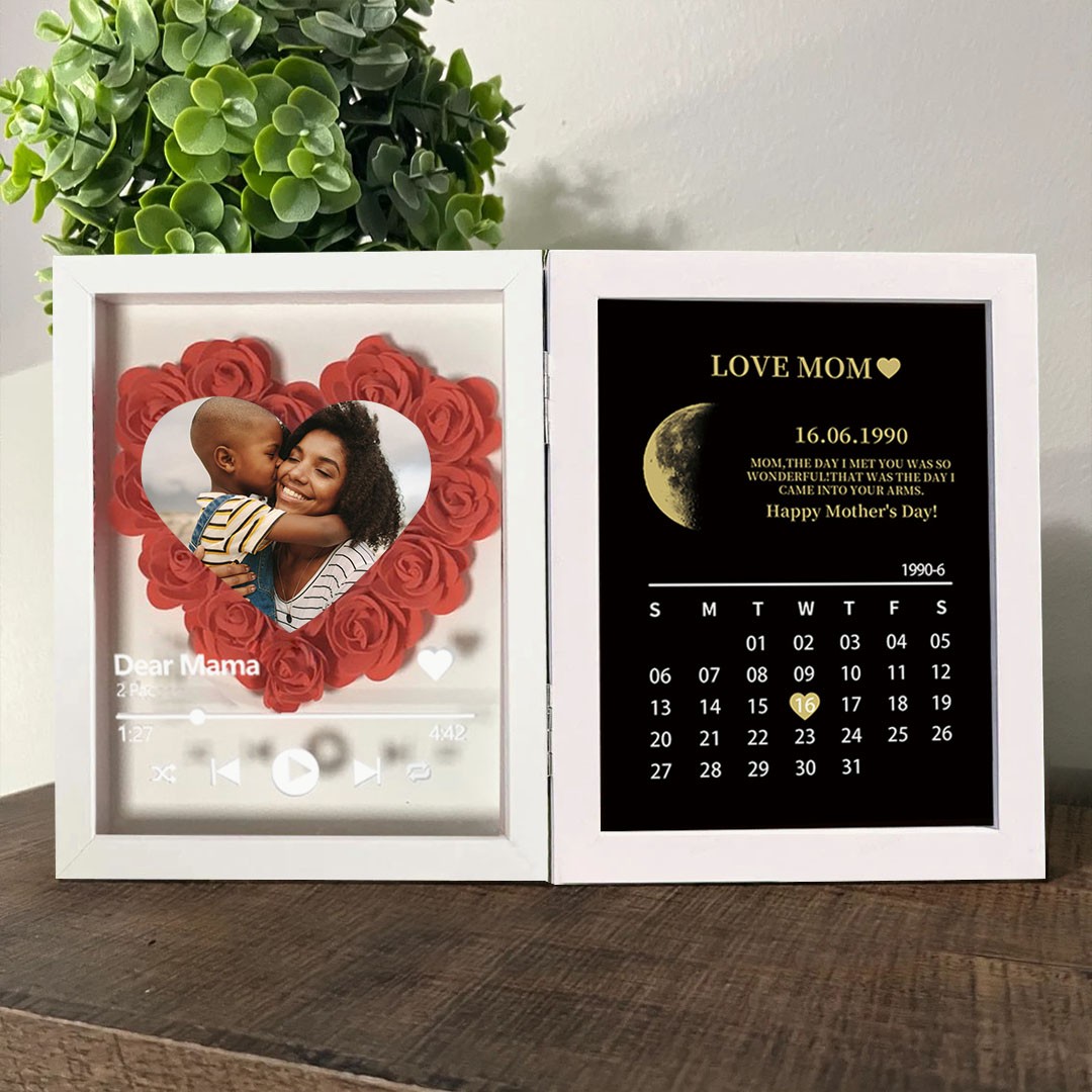 Personalised Flower Shadow Box Moon Phase Calendar with Names Gift for Mother's Day