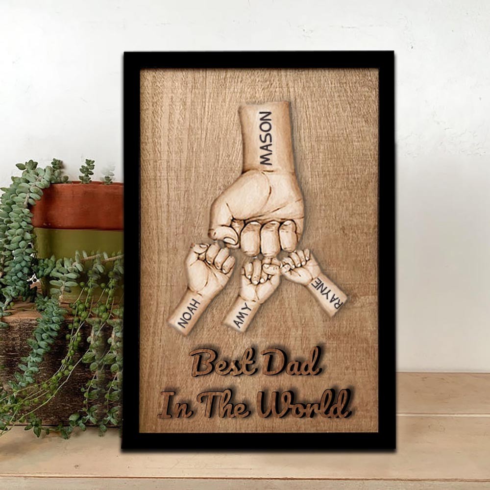 Personalized Dad and Kids Fist Bump With Name Engraving Wood Sign For Father's Day Home Decor