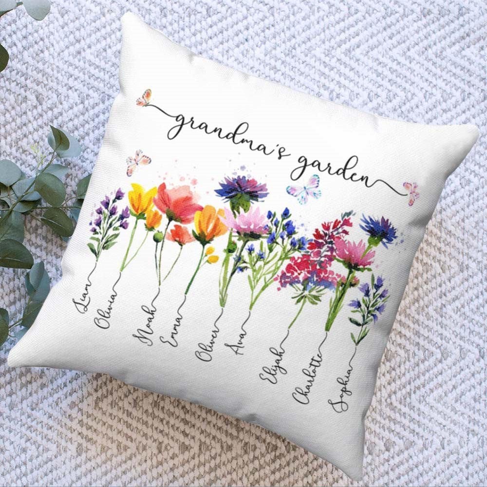 Personalised Grandma's Garden Pillow Birth Month Flower With Kids Name For Mother's Christmas Day
