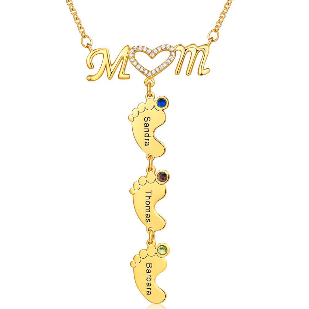 Personalised Mum BabyFeet Name Birthstones Necklace With 1-10 Charms Pendants