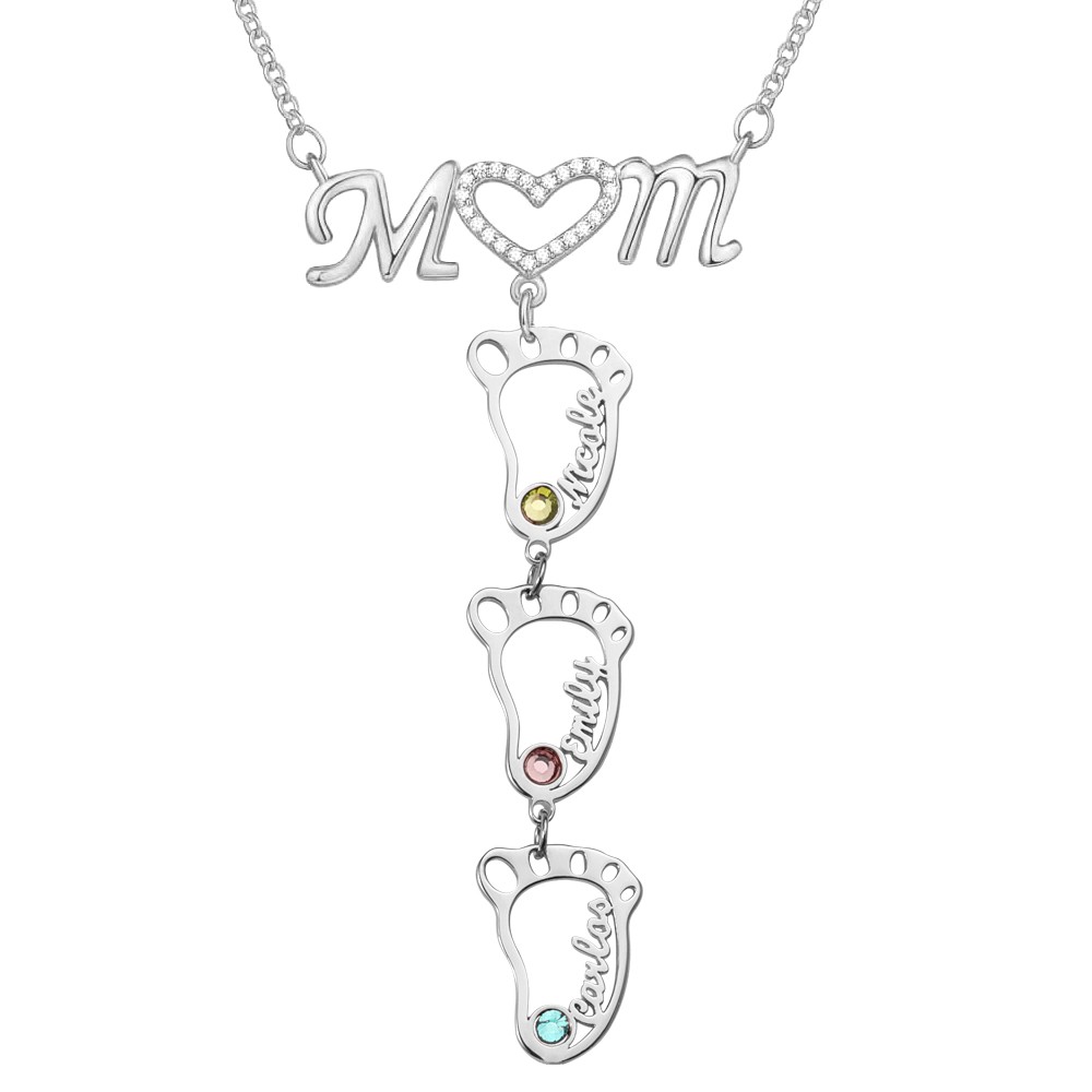 Silver Personalised 1-10 Hollow BabyFeet Name Mum Necklace With Birthstones