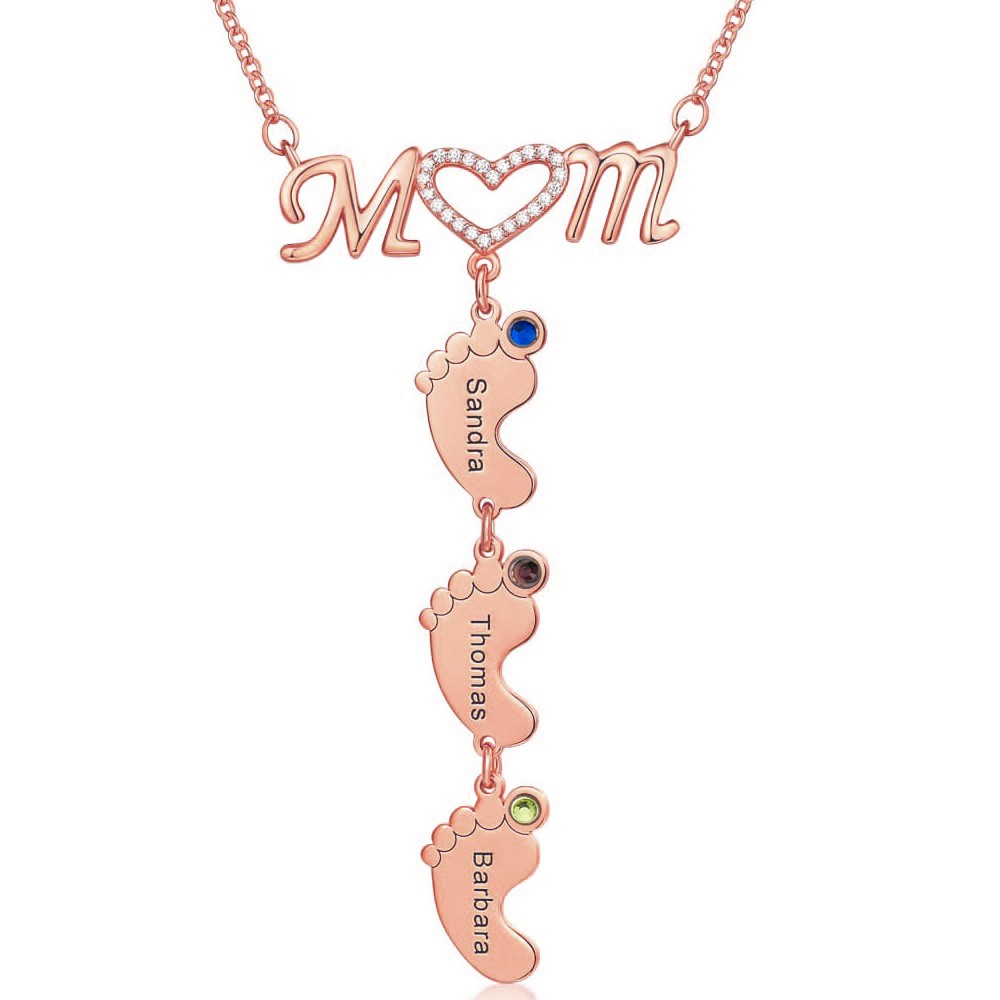 Personalised Mum BabyFeet Name Birthstones Necklace With 1-10 Charms Pendants