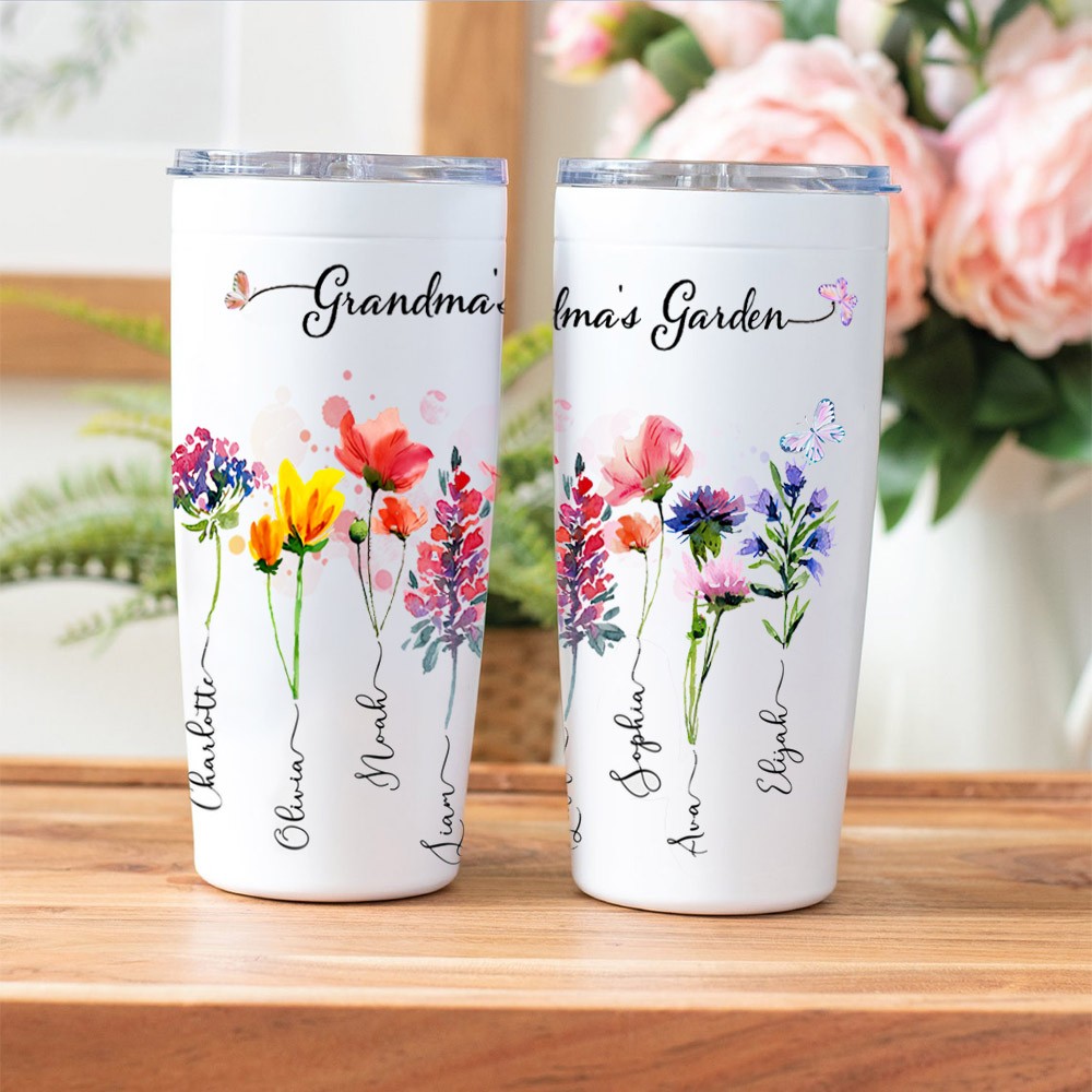Personalised Grandma's Garden Tumbler With Grandkids Name and Birth Month Flower For Mother's Day