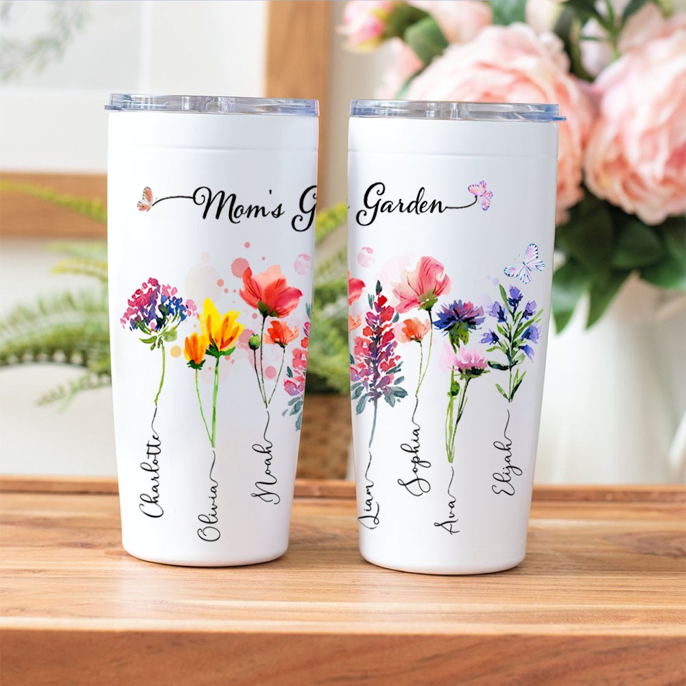 Personalised Mum's Garden Tumbler With Kids Name and Birth Month Flower For Mother's Day