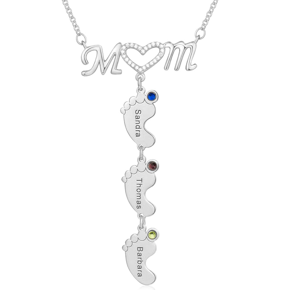Silver Personalised Mum BabyFeet Name Birthstones Necklace With 1-10 Charms Pendants