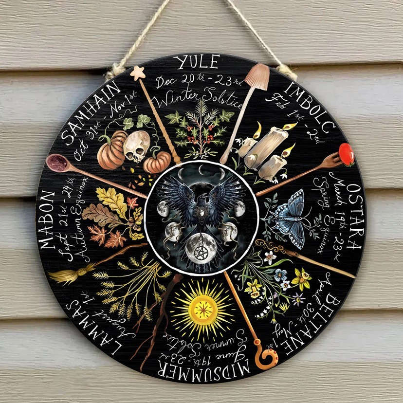 Wheel Of The Year Moon Phases Wooden hanging Calendar Sign