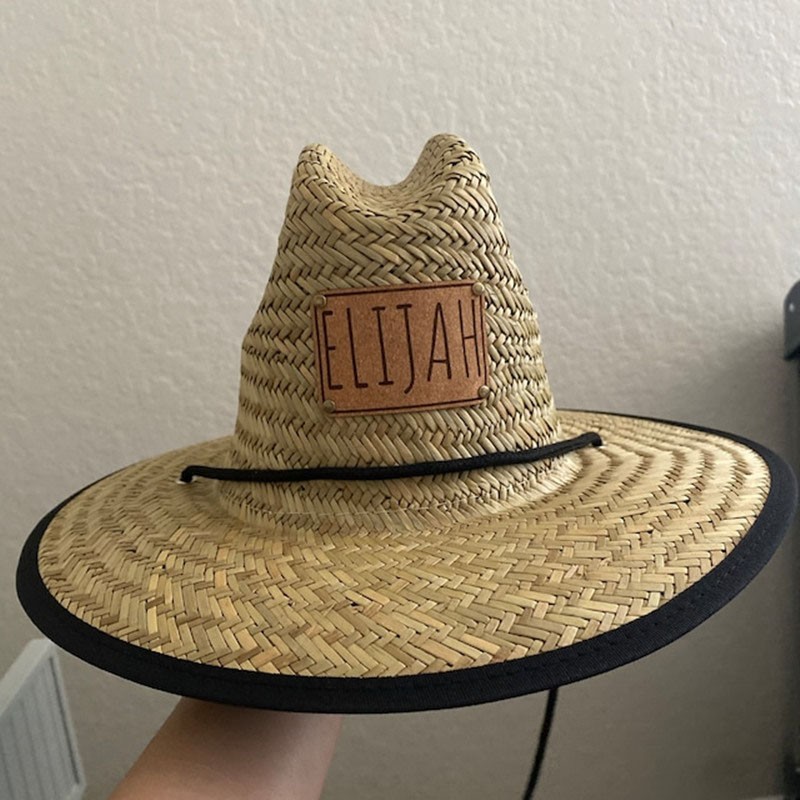 Personalised Leather Patch Name Straw Sun Hat with For Kids Adult