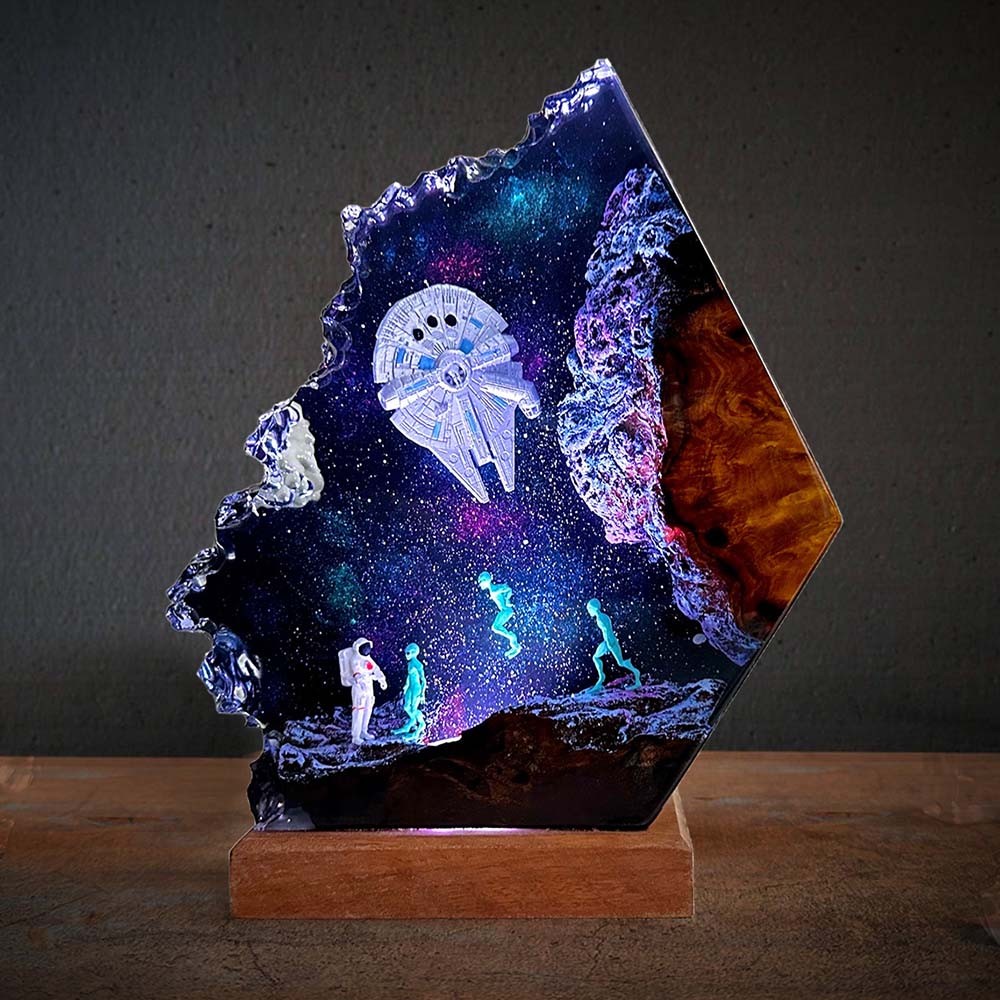 Spacecraft Astronaut and Aliens Galaxy Epoxy Resin Wood Lamp For Space Lovers Gifts