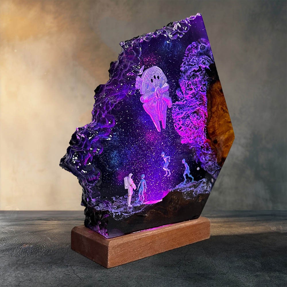 Astronaut and Aliens Galaxy Epoxy Resin Wood Lamp For Chirstmas Gifts