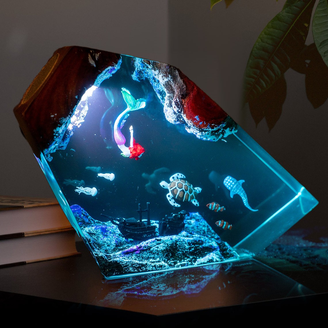 Turtle and Little Mermaid Resin Wood Lamp Gifts For Ocean Lovers