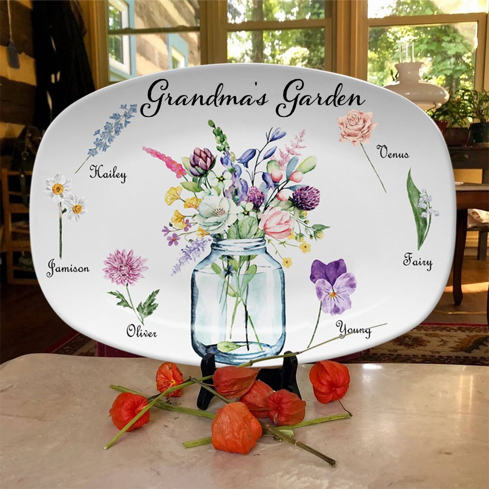 Personalised Grandma's Garden Platter With Grandchildren Name and Birth Flower For Mother's Day