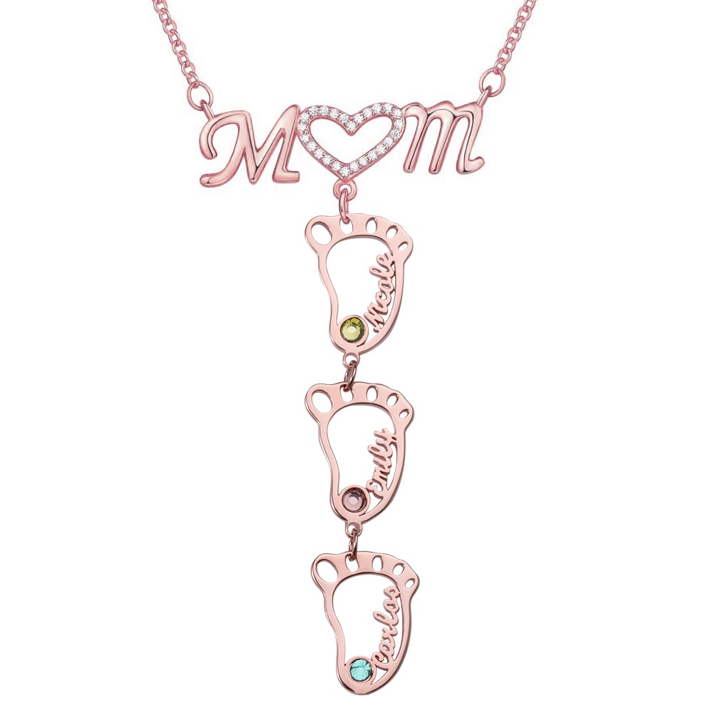 Personalised 1-10 Hollow BabyFeet Name Mum Necklace With Birthstones