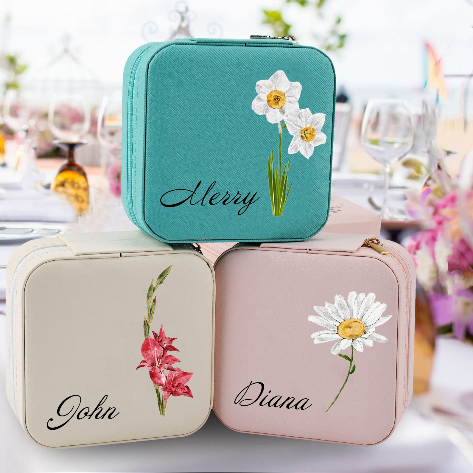 Personalised Birth Flower Jewelry Travel Boxes Case With Name
