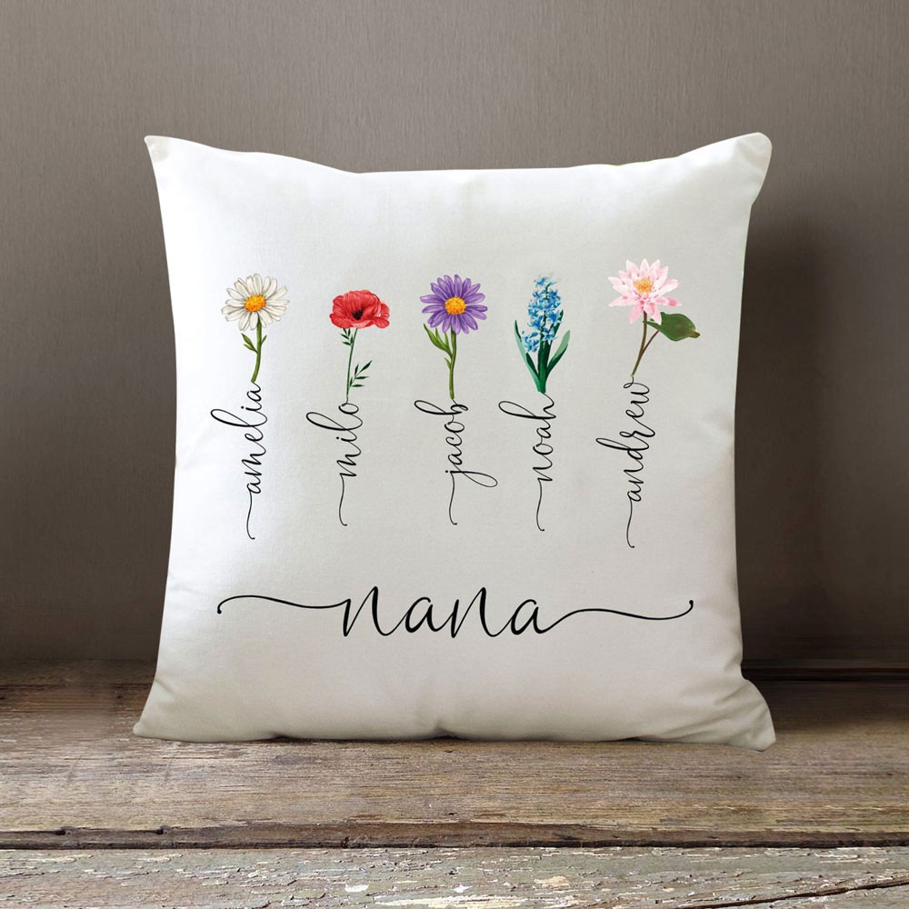Personalised Grandma's Garden Birth Flower Pillow With Grandkids Names For Nana Mother's Day
