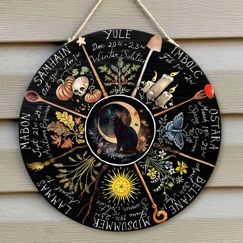Wheel Of The Year Moon Phases Wooden hanging Calendar Sign