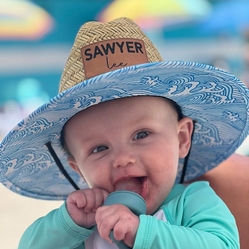 Personalised Leather Patch Straw Sun Hat with Name For Toddler Child Adult