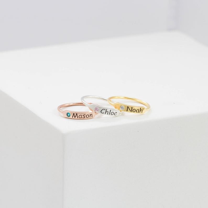 S925 Sterling Silver Stacking Name Ring With Birthstone