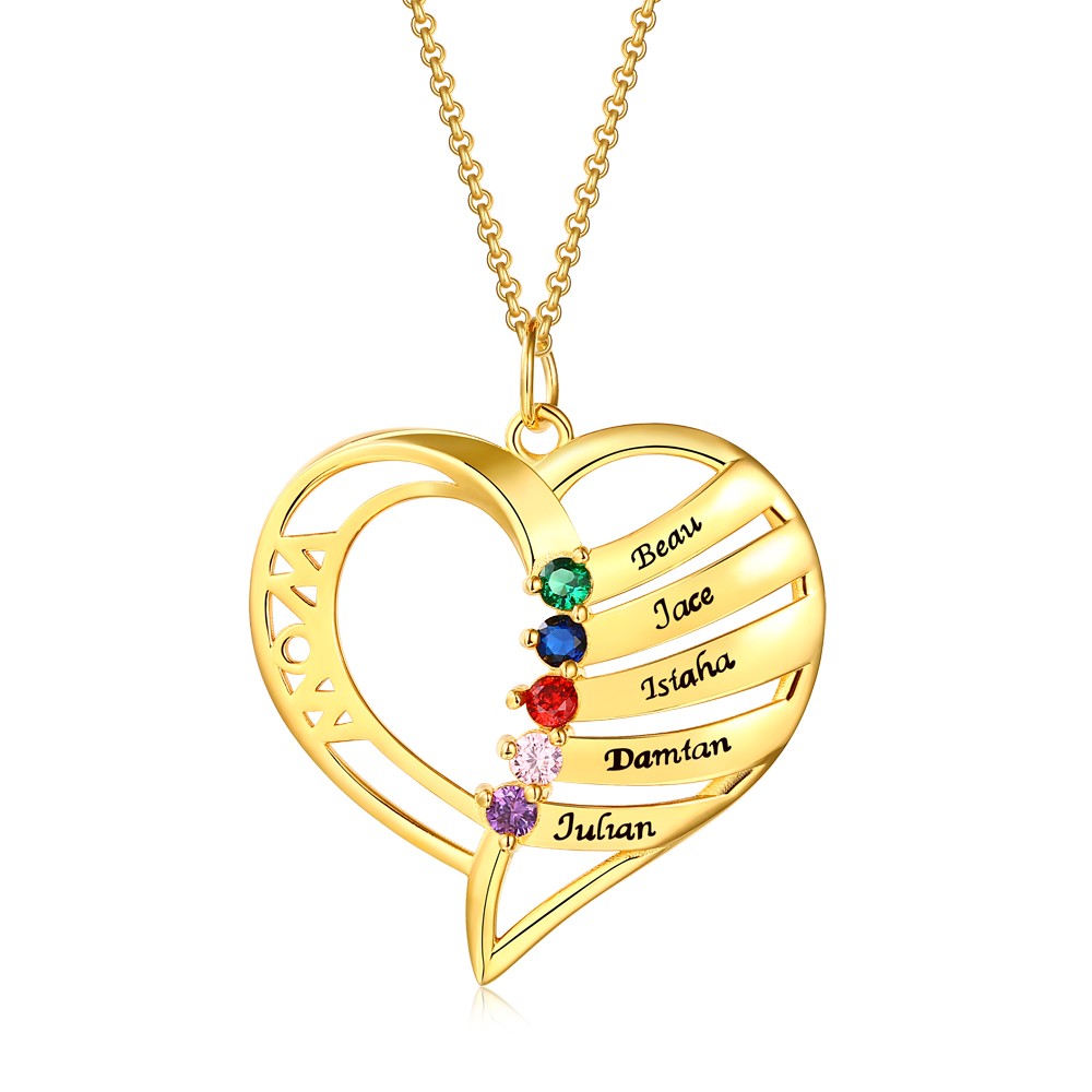 Personalised Heart Love Shape 1-6 Engraved Names and Birthstones Necklaces