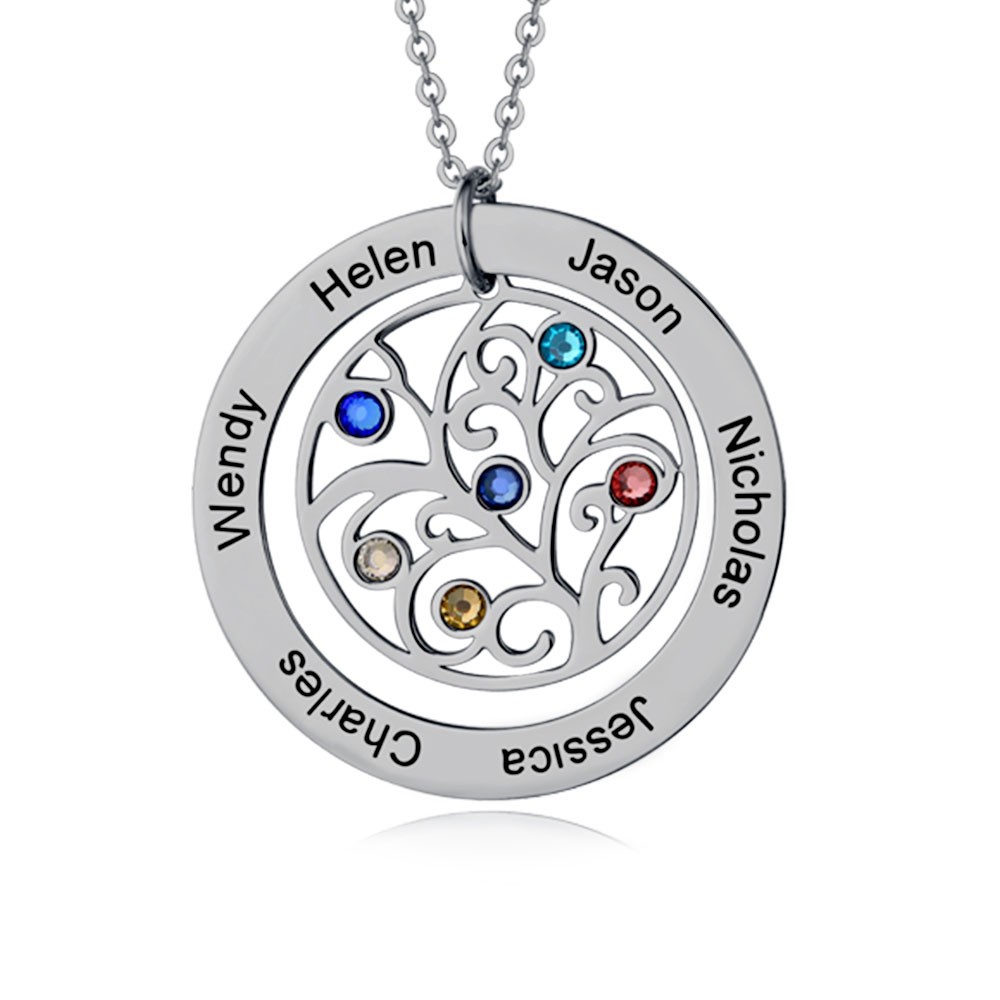 Personalised Family Name Necklace with 1-7 Birthstones and Names